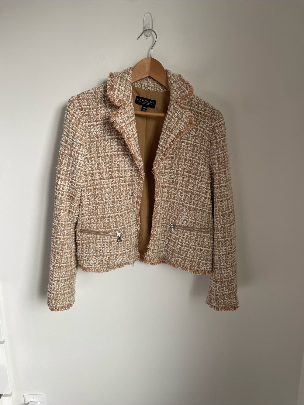 Laundry By Shelli Segal Beige Tweed Frayed-Trim Cropped Jacket